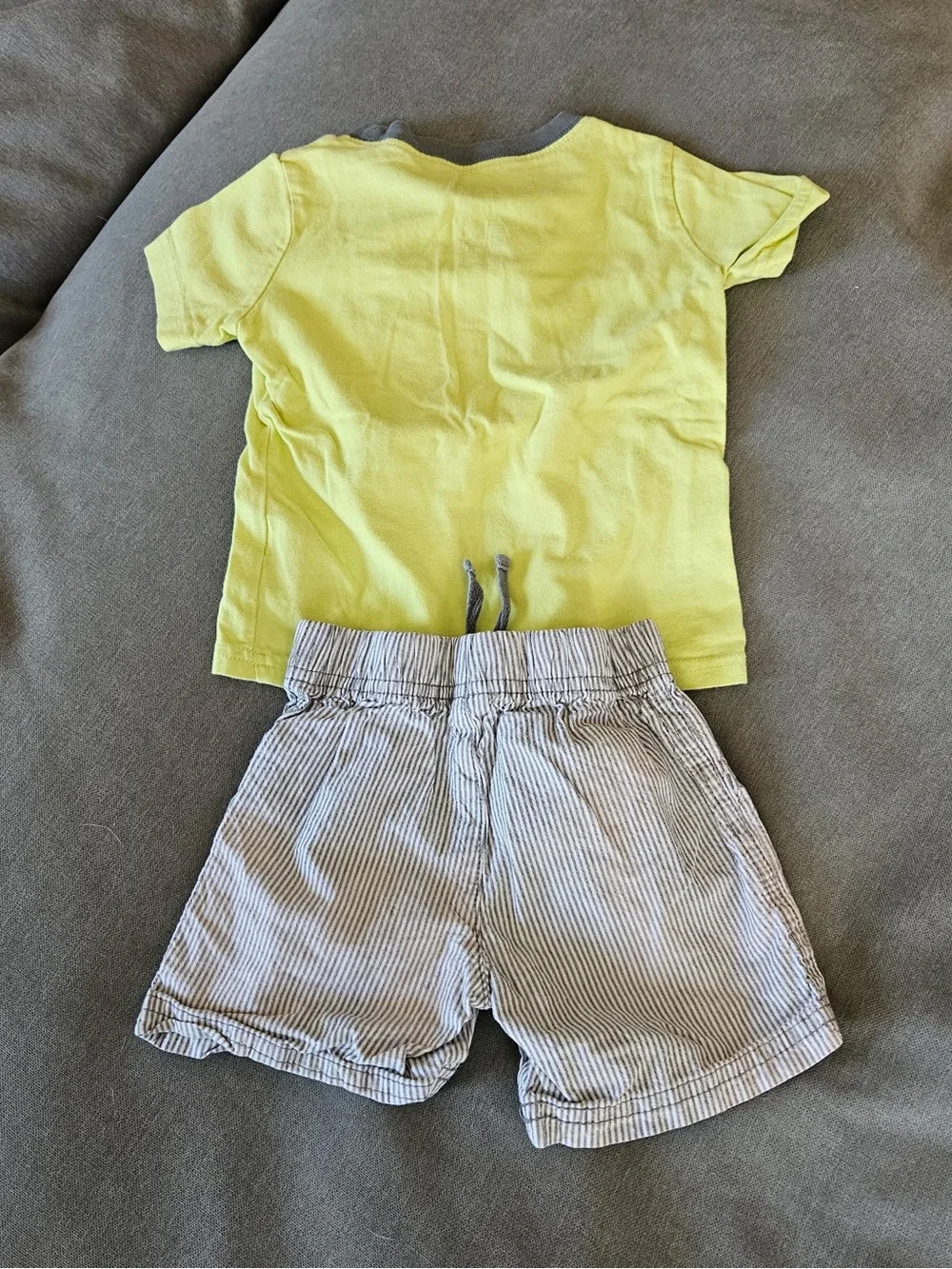 Carter's Yellow Tee with Navy Car Graphics and Neutral Striped Shorts